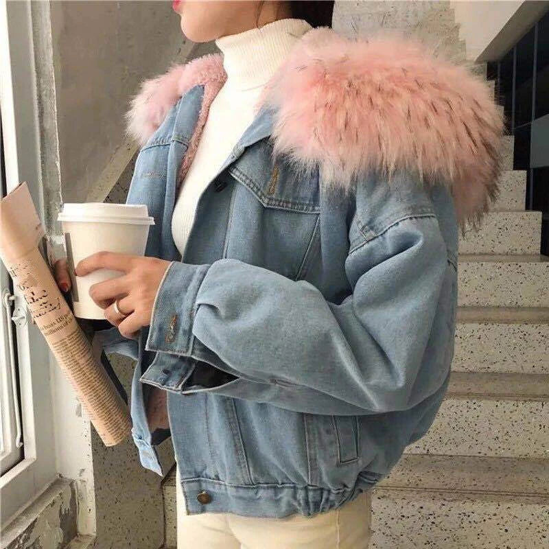 Winter Denim Jacket Hooded Coat Women Removable Fur Collar Fleece Lined Jeans Jacket Warm