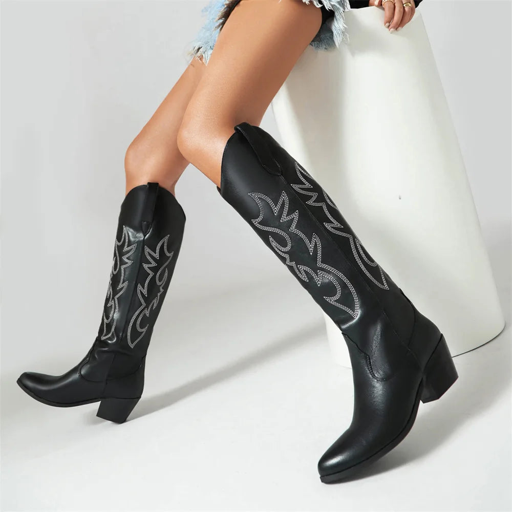 Women's Embroidered Western Cowboy Boots Block Chunky Heels Pointed Toe Pull-On Retro Classic Knee High Cowgirl Boots Woman