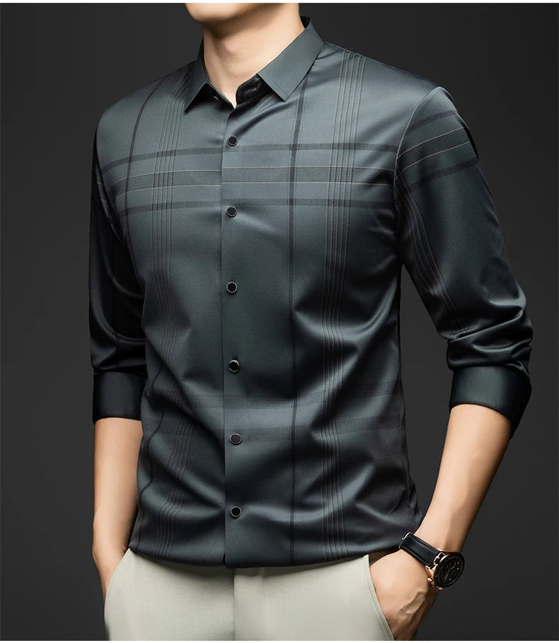 BROWON Formal Shirt Men 2025 Autumn New Long Sleeve Male Shirt Fashion Business Mulberry Silk Striped Shirts for Man Wear