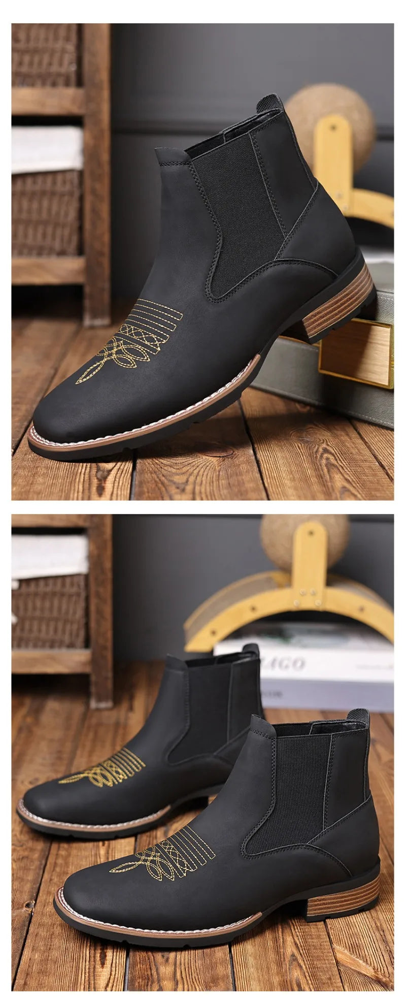 Men's Chelsea Boots High Quality Casual Leather Boots Retro Ankle Boots for Men Embroidery Western Cowboy Boot Botas Masculinas