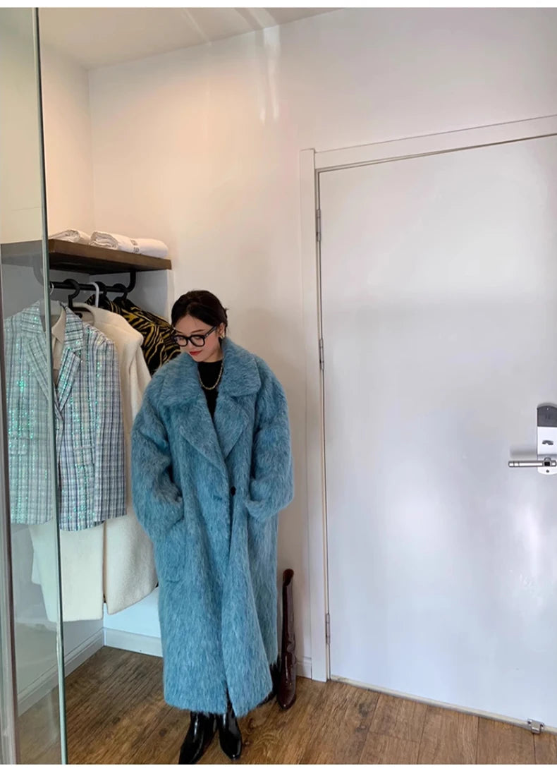 Lautaro Winter Long Blue Fluffy Oversized Warm Wool & blends Coat for Women Single Button Pockets Luxury Clothes Woolen Overcoat