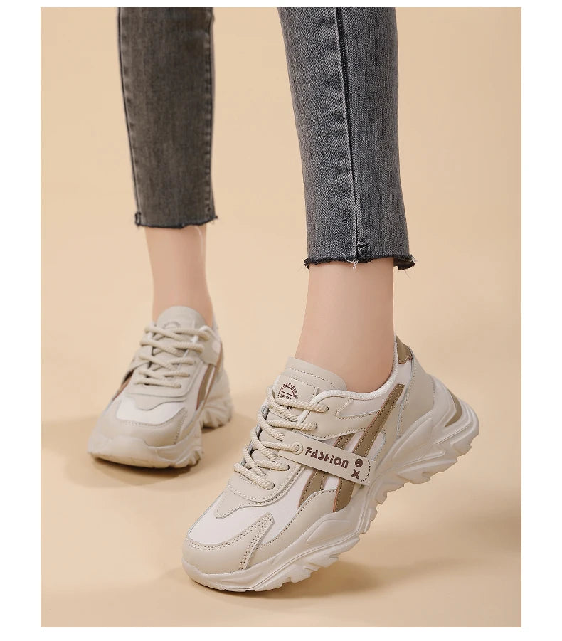 Casual Leather Sneakers for Women Autumn Winter Comfortable Walking Shoes Fashion Patchwork Thick Bottom Sports Shoes Female