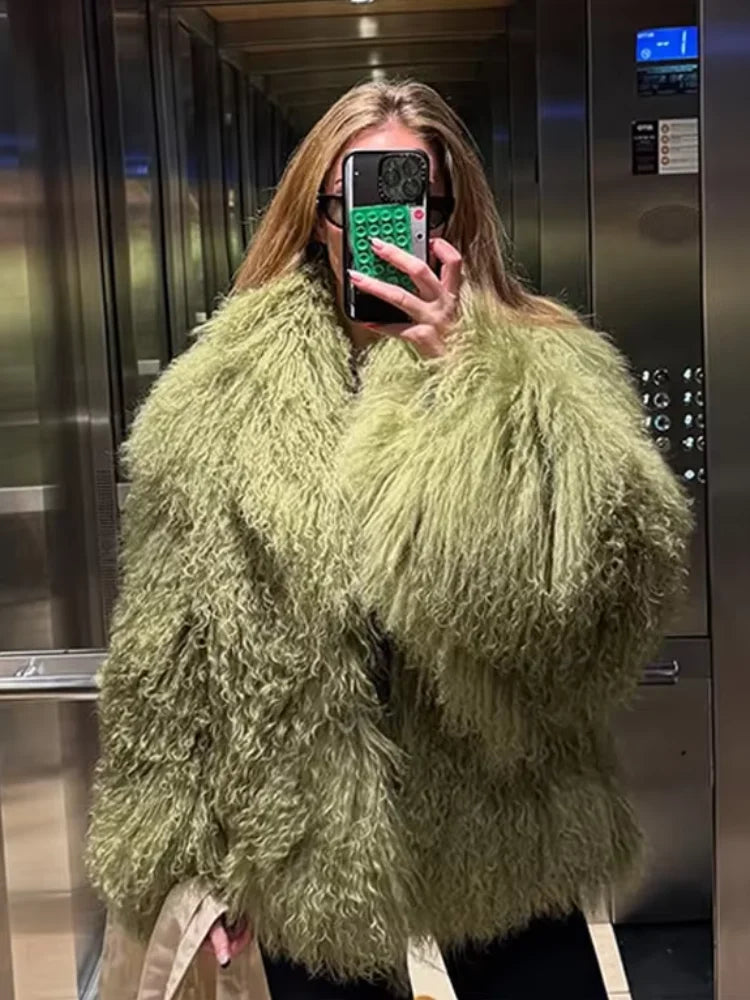 Fashion Solid Plush Faux Fur Coat Women Elegant Warm Long Sleeves Loose Jacket 2025 Lady Winter Chic High Street Outerwear ﻿