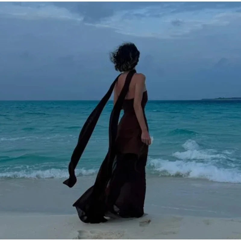 Elegant Strapless Long Dress Women Sexy Patchwork Mesh Sleeveless Sacrf Vestidos Female 2025 Spring Split Evening Dresses Lady