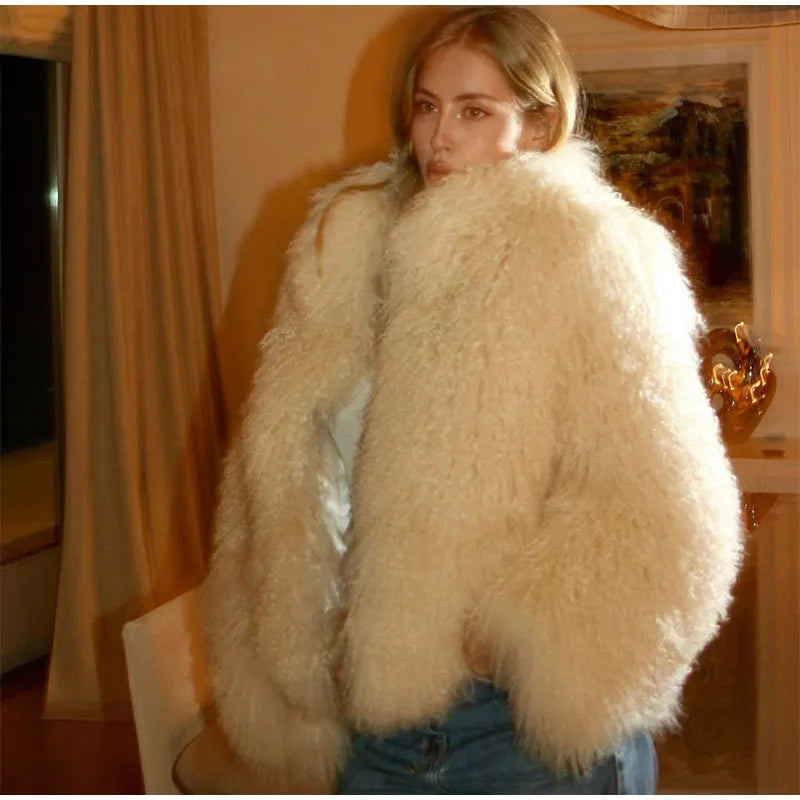 Fashion Solid Plush Faux Fur Coat Women Elegant Warm Long Sleeves Loose Jacket 2025 Lady Winter Chic High Street Outerwear ﻿