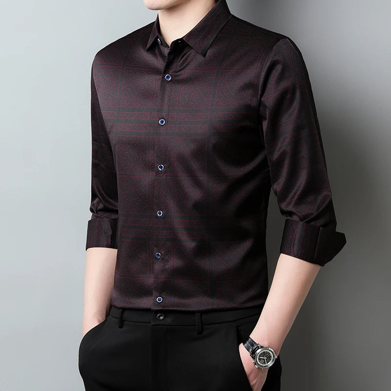 New Men's Casual Printed Long Sleeved Lapel Shirt for Spring and Autumn Fashion Comfortable Wrinkle Free Top Without Ironing