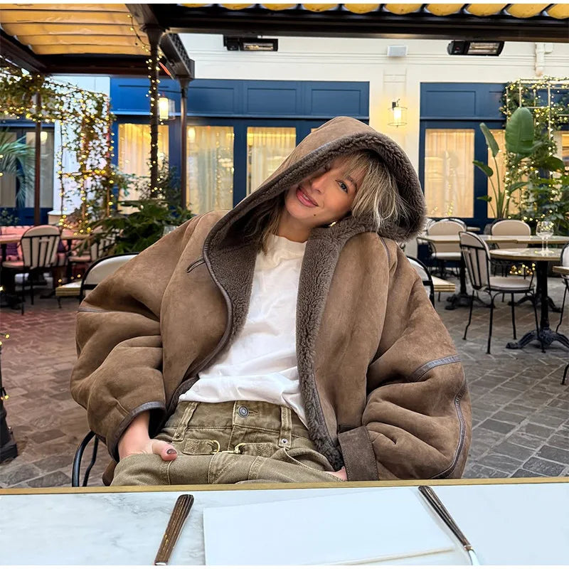 Hooded Patchwork Leather Jacket Woman Solid Color Long Sleeves Loose Single Breasted Coat Casual Street Women's New Warm Jackets