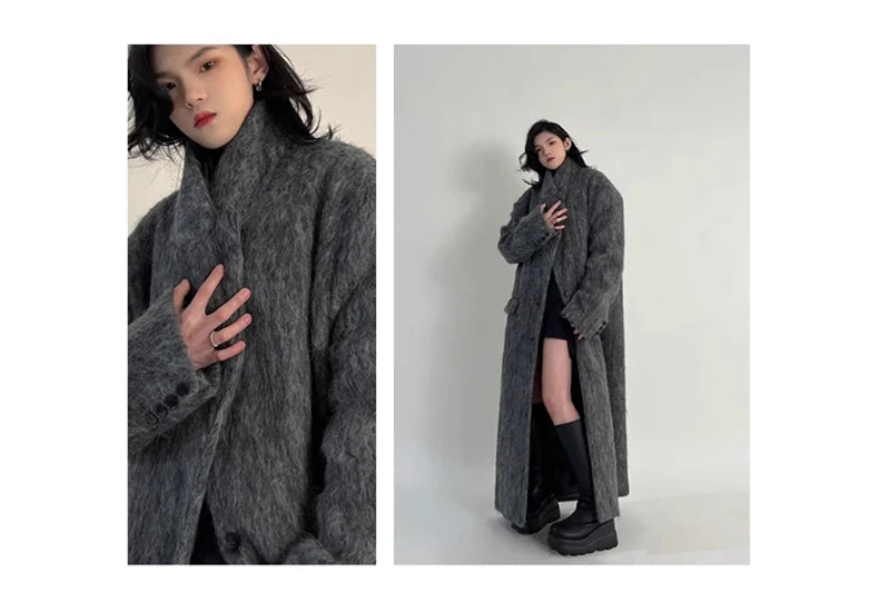 Lautaro Autumn Winter Clothes Women Oversized Extra Long Casual Warm Grey Wool & Blends Coat Women Maxi Fluffy Woolen Overcoat