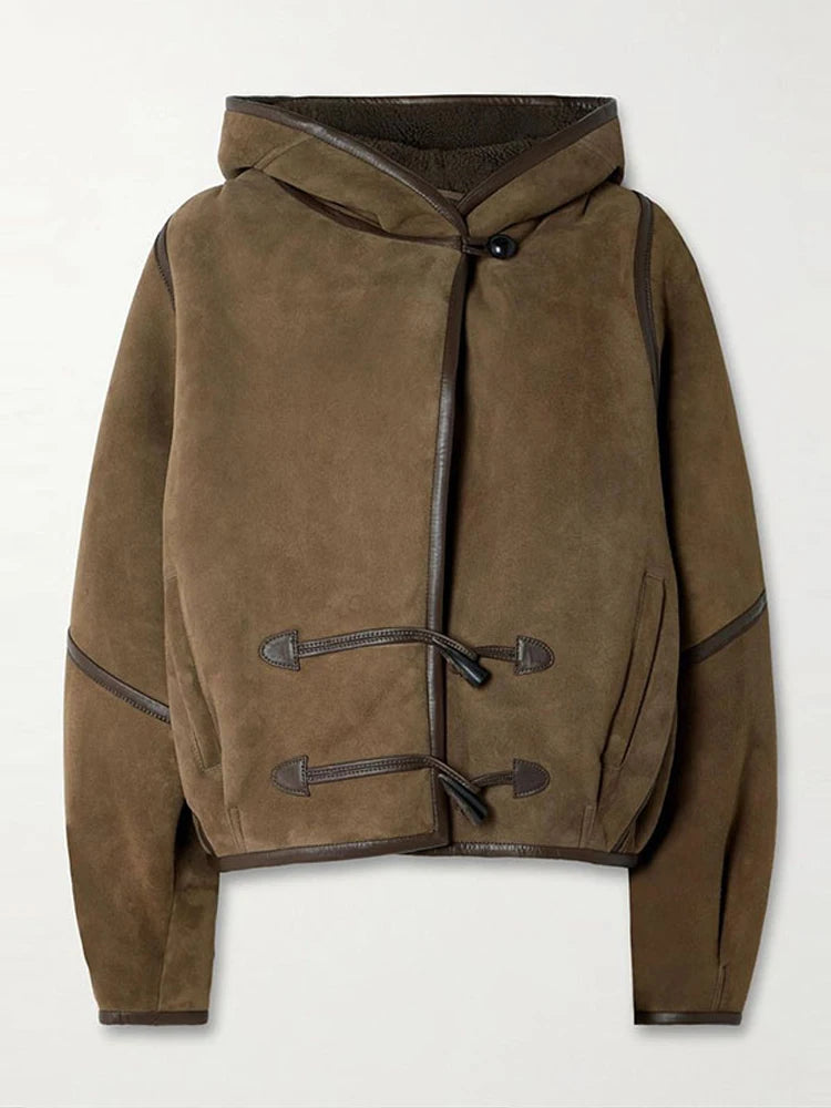 Hooded Patchwork Leather Jacket Woman Solid Color Long Sleeves Loose Single Breasted Coat Casual Street Women's New Warm Jackets