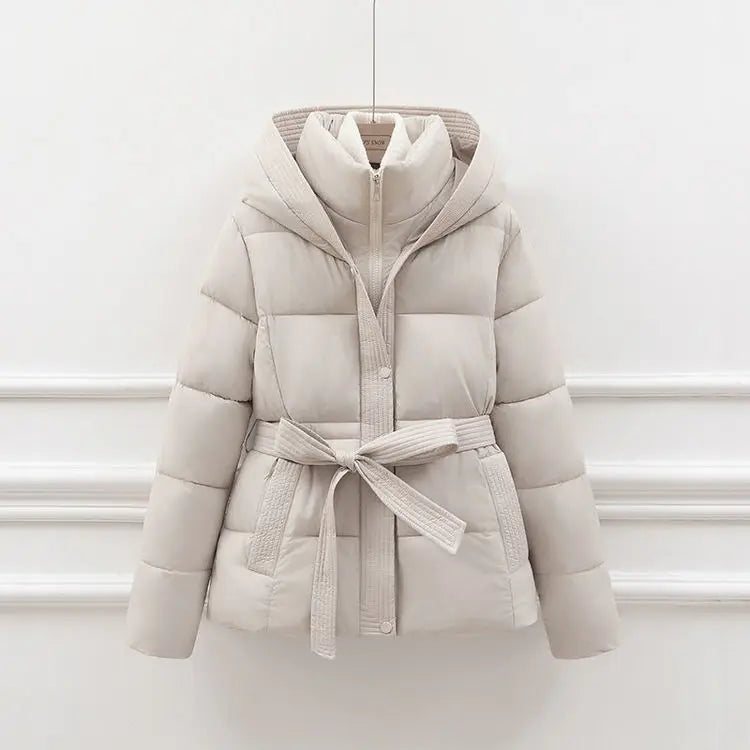 2025 New Winter Jacket Women Warm Parkas Long Sleeve Tops Casual Cotton Padded Jackets Belt Black Brown Hooded Outerwear Female