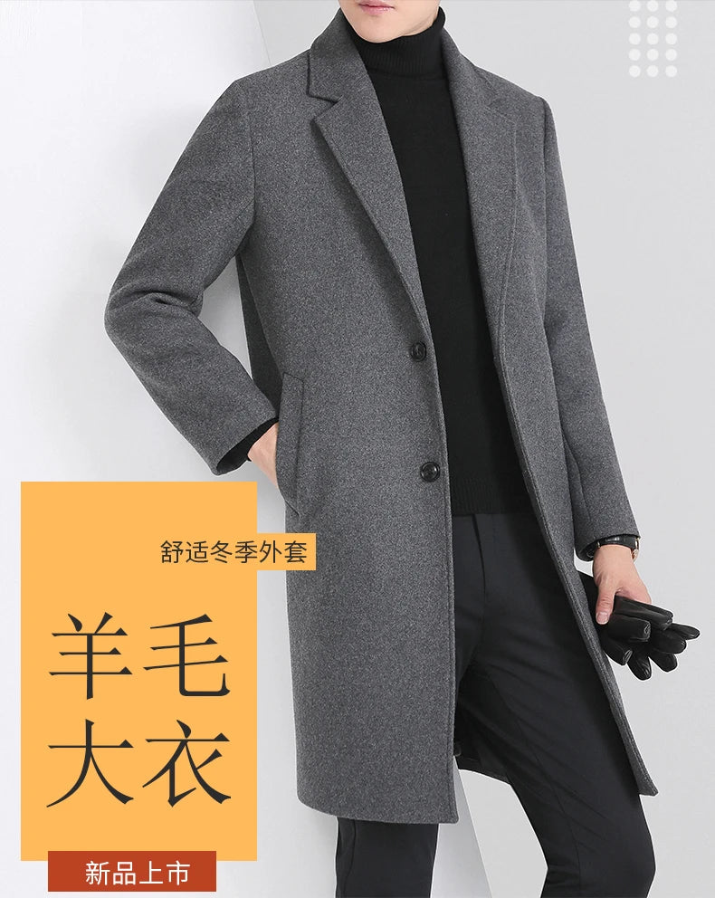 Winter Autumn Men's Timeless Woolen Overcoat Grey Navy Black Burgundy Notched Collar Design Cashmere Coat Plus Size Menswear