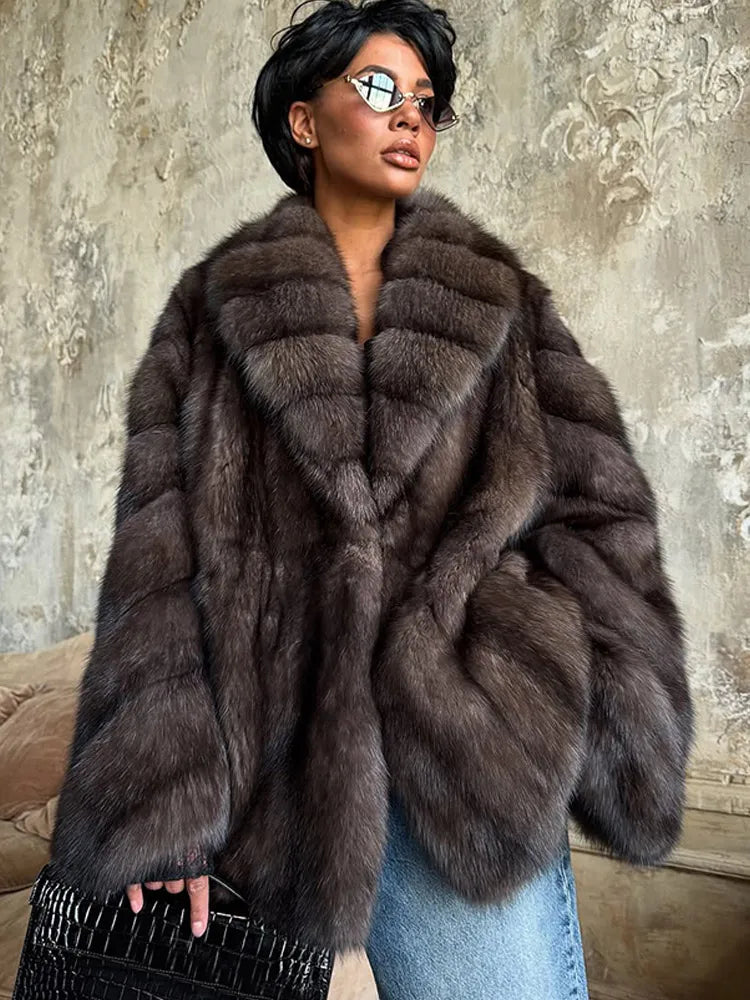 Woman Mixed Color Long Faux Fur Coat Fashion Lapel Collar Full Sleeve Loose Overcoat 2025 Winter Lady Warm High Street Outwear