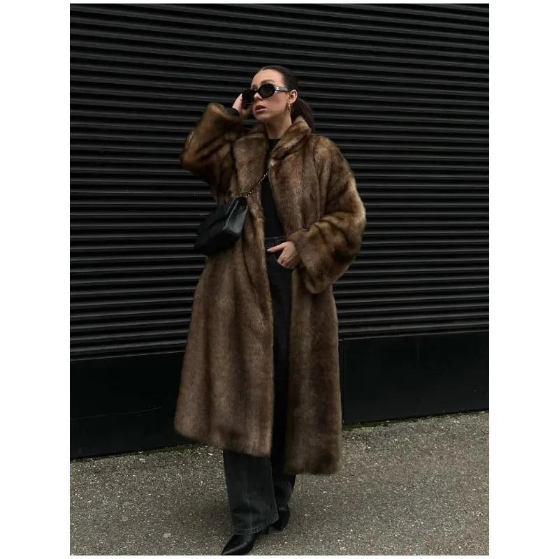 Woman Mixed Color Long Faux Fur Coat Fashion Lapel Collar Full Sleeve Loose Overcoat 2025 Winter Lady Warm High Street Outwear