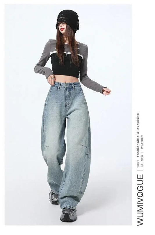 2025 Women Baggy Jeans High Waist Straight Wide Leg Drag Floor Length Banana Pants Vintage Casual