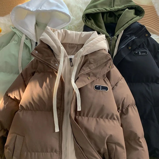 Winter New Fashion Splicing Hooded Fake Two-piece Design Sense Bread Clothes Women Y2K New Korean Version Thick Warm Coats