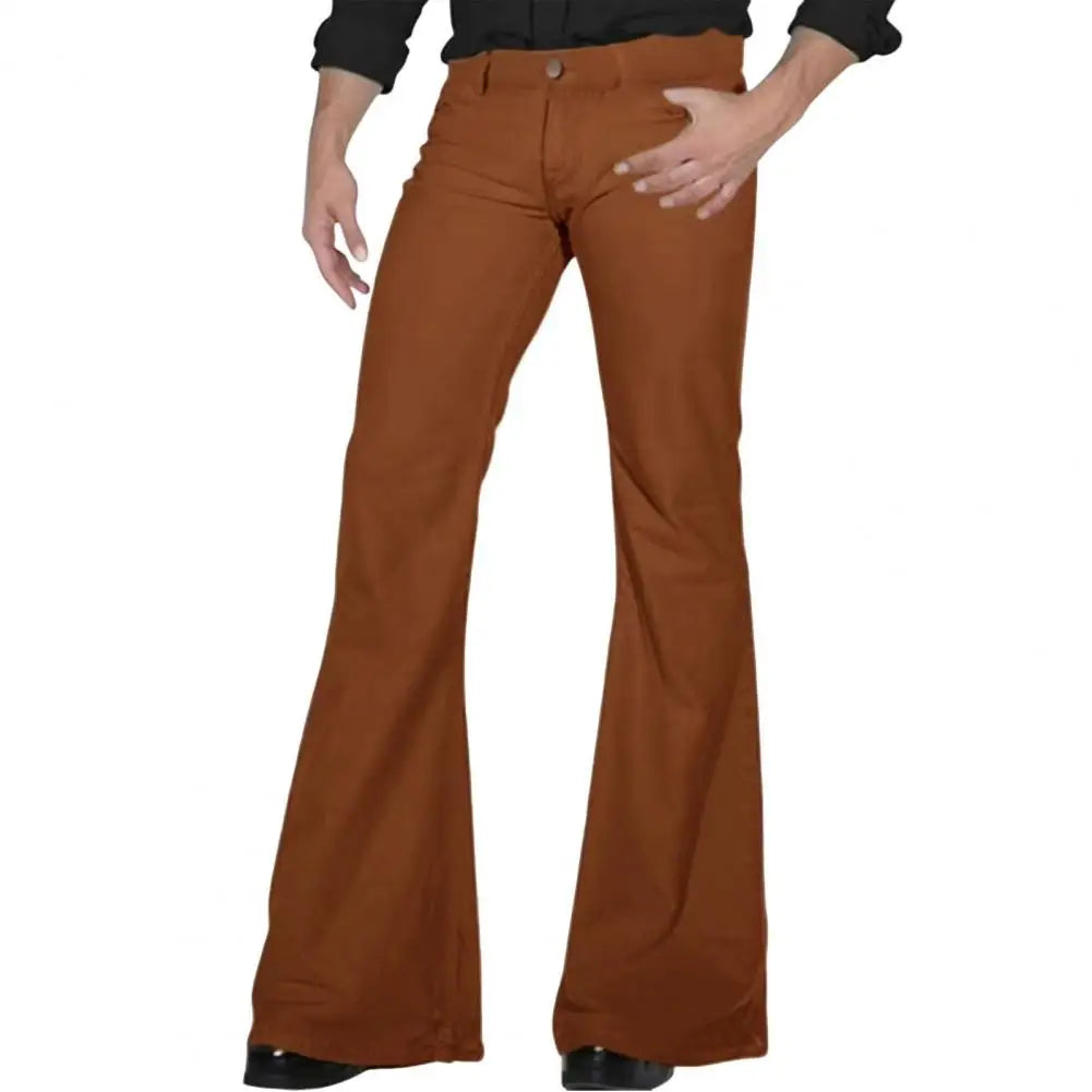 Fashion Men's Retro Flare Pants Solid Color Mid-Rise Trousers Casual Classic 70s Men Bell Bottom Zipper Fly Long Trousers
