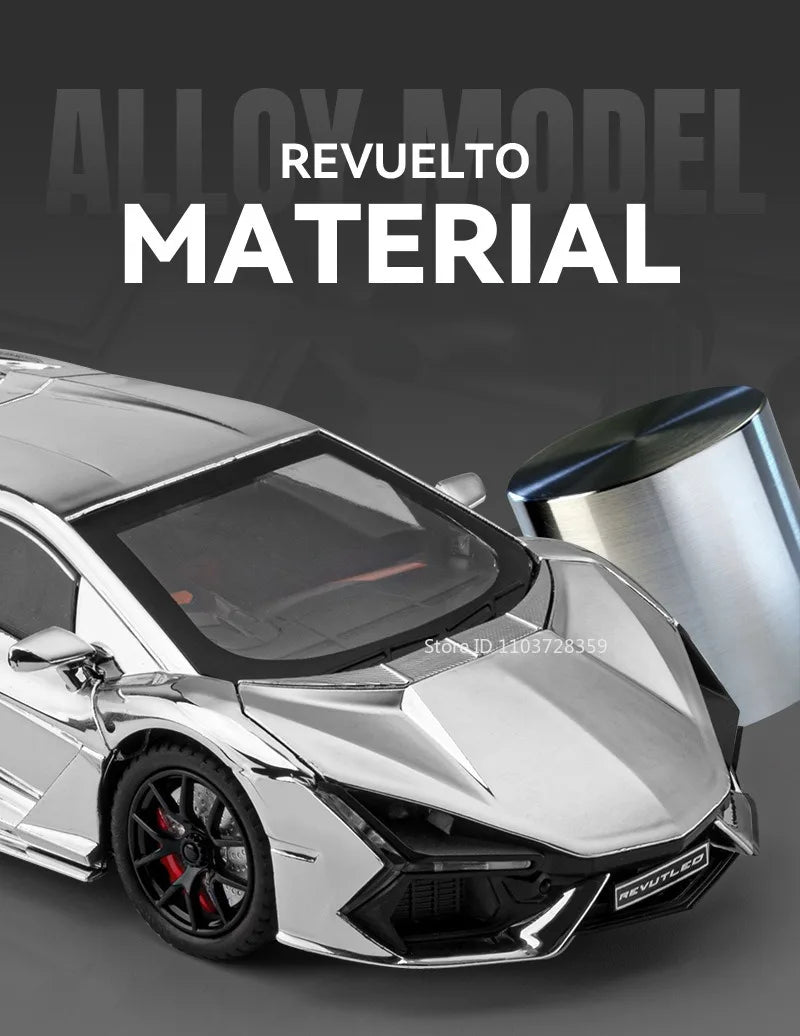1:24 Scale REVUELTO Miniature Model Toy Sports Cars Alloy Diecast Supercars Sound Light Doors Opened Pull Back for Kids Gifts