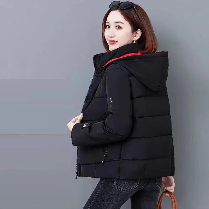 Thick Fleece Cotton Parkas Women Puffer Jacket Winter Fashion Warm Hooded Short Down Jacket Lady Casual Solid Zipper Padded Coat