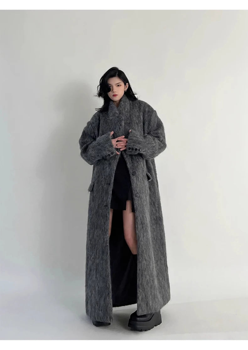 Lautaro Autumn Winter Clothes Women Oversized Extra Long Casual Warm Grey Wool & Blends Coat Women Maxi Fluffy Woolen Overcoat