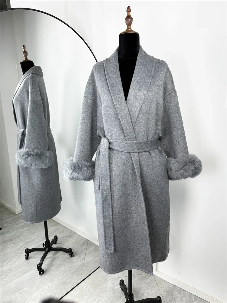 Retro Black Fur Patchwork Woolen Coat Women Chic Full Sleeve V-neck Lace Up Loose Long Overcoat 2025 Lady Winter Commute Outwear
