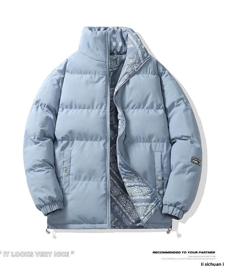 Double-Sided Wear Thickened Cotton Jacket for Men Women Stand Collar Warm Casual Loose Fit Winter Couple Windproof Bread Jacket