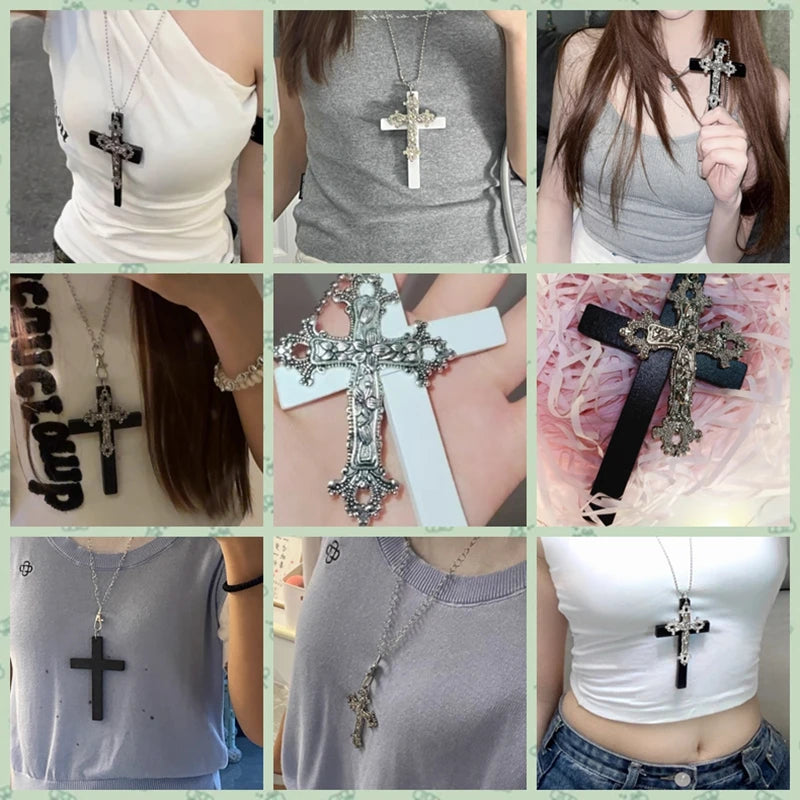 Gothic Big Zircon Cross Necklace Unisex Y2K Irregular Goth Large Cross Pendant Necklaces  for Men Women Couple Necklace Jewelry