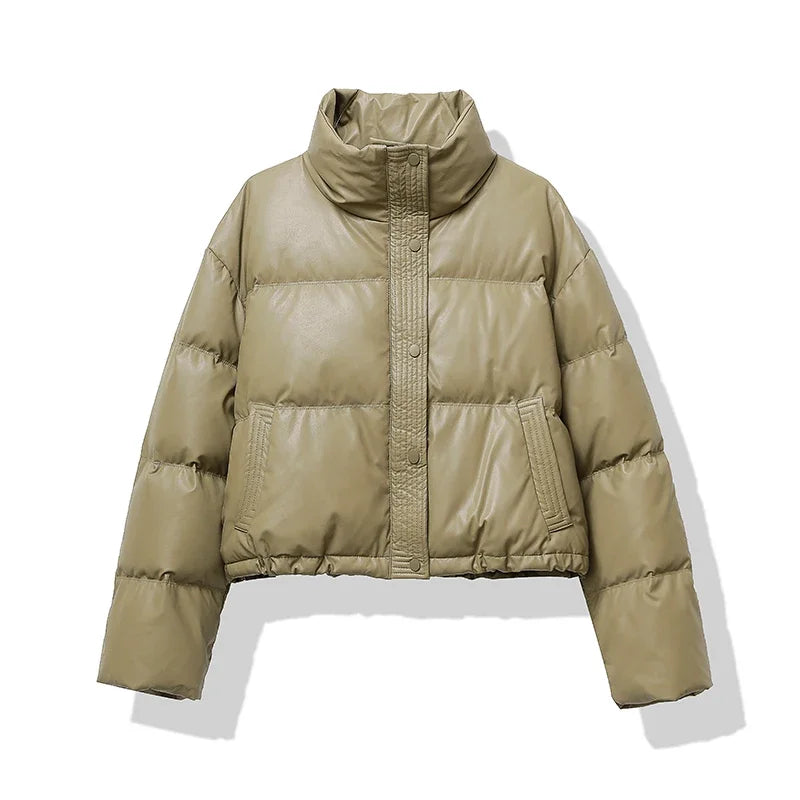 HELIAR Women Thickened Mock Neck Cotton-padded Jacket Single Breasted Pocket Casual Down Coat Winter Warm Loose Short Coat Fall
