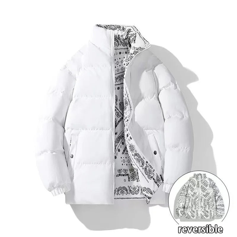 Double-Sided Wear Thickened Cotton Jacket for Men Women Stand Collar Warm Casual Loose Fit Winter Couple Windproof Bread Jacket