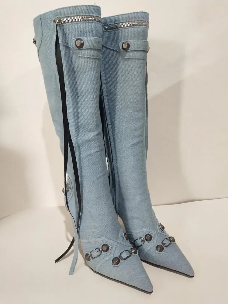 New 2024 Brand Design Knee High Boots Fashion Rivet Pointed Thin Heel Women's Boots 34-43 Fashion Hot Girls Denim Model Boots
