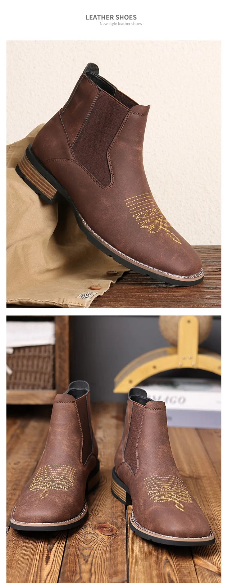 Men's Chelsea Boots High Quality Casual Leather Boots Retro Ankle Boots for Men Embroidery Western Cowboy Boot Botas Masculinas