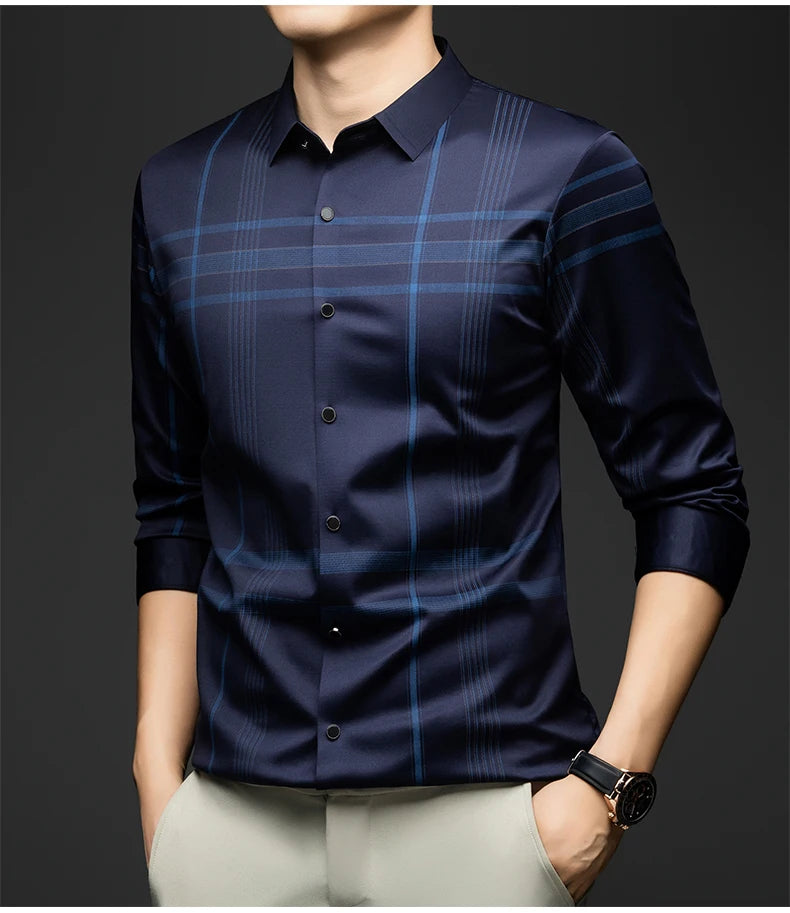 BROWON Formal Shirt Men 2025 Autumn New Long Sleeve Male Shirt Fashion Business Mulberry Silk Striped Shirts for Man Wear