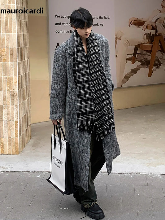 Mauroicardi Autumn Winter Oversized Long Thicken Warm Grey Woolen Coat Men Shoulder Pads Double Breasted Wool & Blends Overcoat