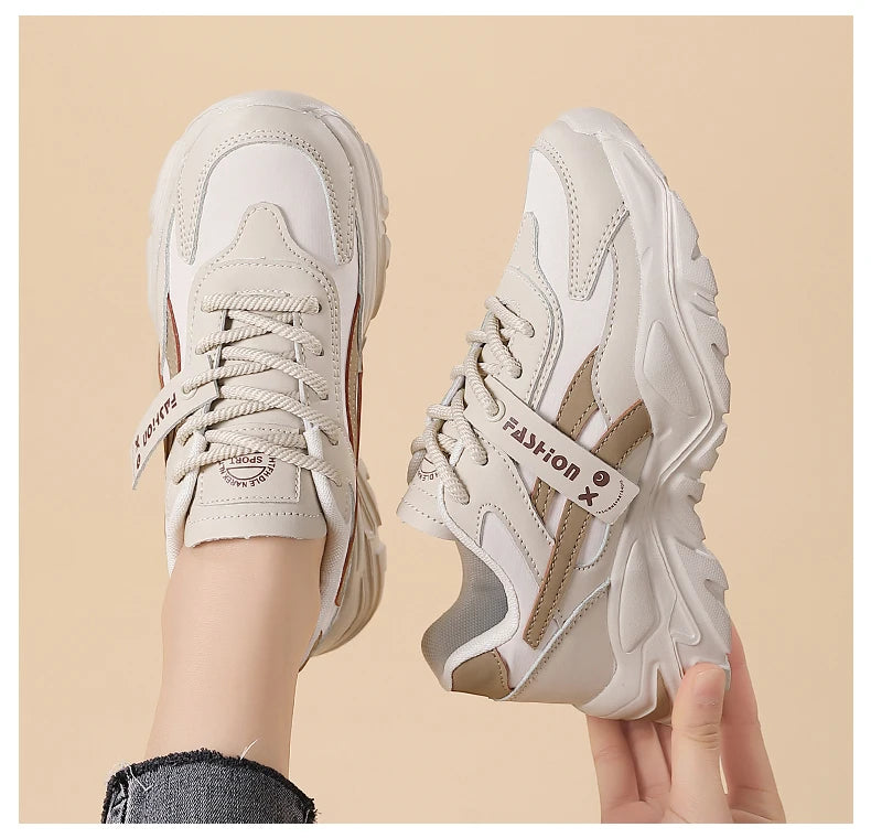 Casual Leather Sneakers for Women Autumn Winter Comfortable Walking Shoes Fashion Patchwork Thick Bottom Sports Shoes Female