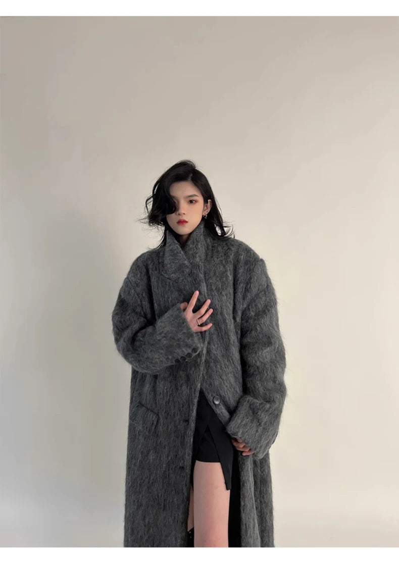 Lautaro Autumn Winter Clothes Women Oversized Extra Long Casual Warm Grey Wool & Blends Coat Women Maxi Fluffy Woolen Overcoat