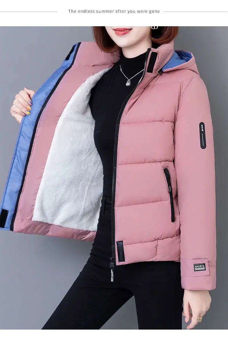 Thick Fleece Cotton Parkas Women Puffer Jacket Winter Fashion Warm Hooded Short Down Jacket Lady Casual Solid Zipper Padded Coat