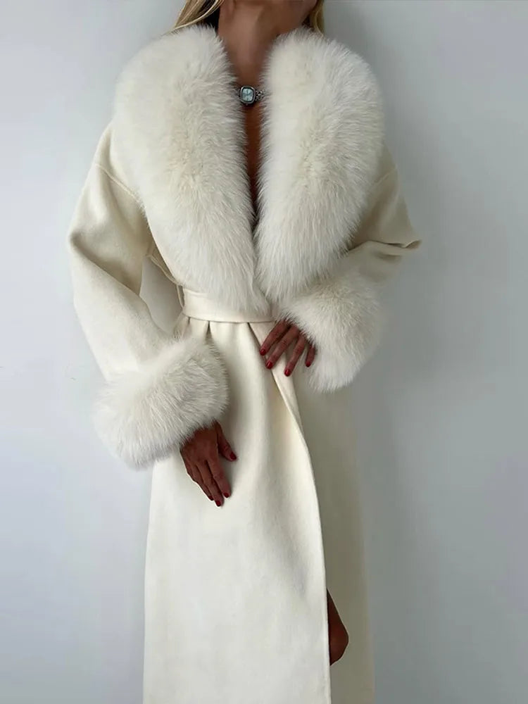 Retro Black Fur Patchwork Woolen Coat Women Chic Full Sleeve V-neck Lace Up Loose Long Overcoat 2025 Lady Winter Commute Outwear