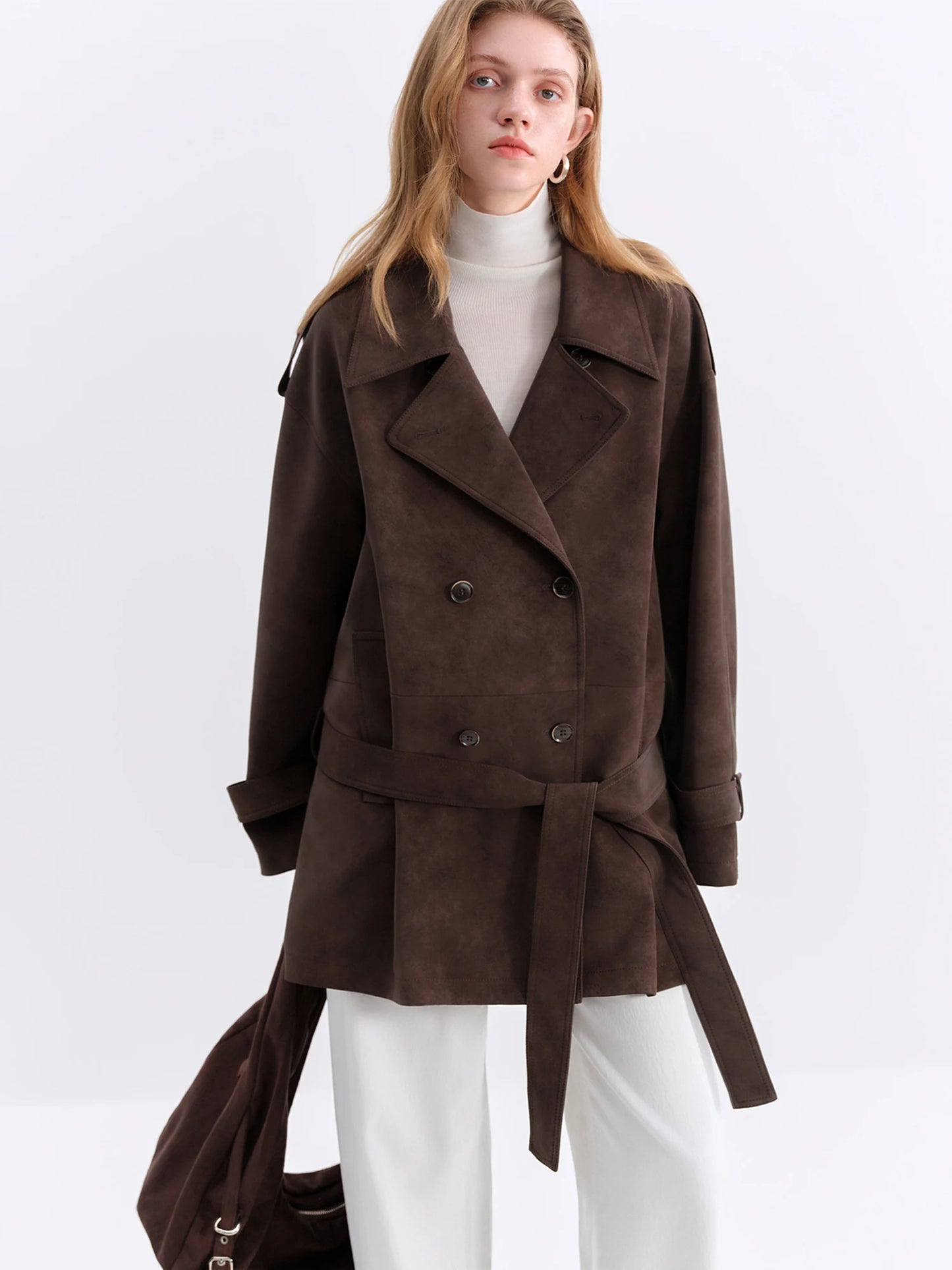 FSLE Retro Double-breasted Lapel Loose Leather Jacket for Women 2025 Winter New Casual Coffee-colored Jacket Loose Fit