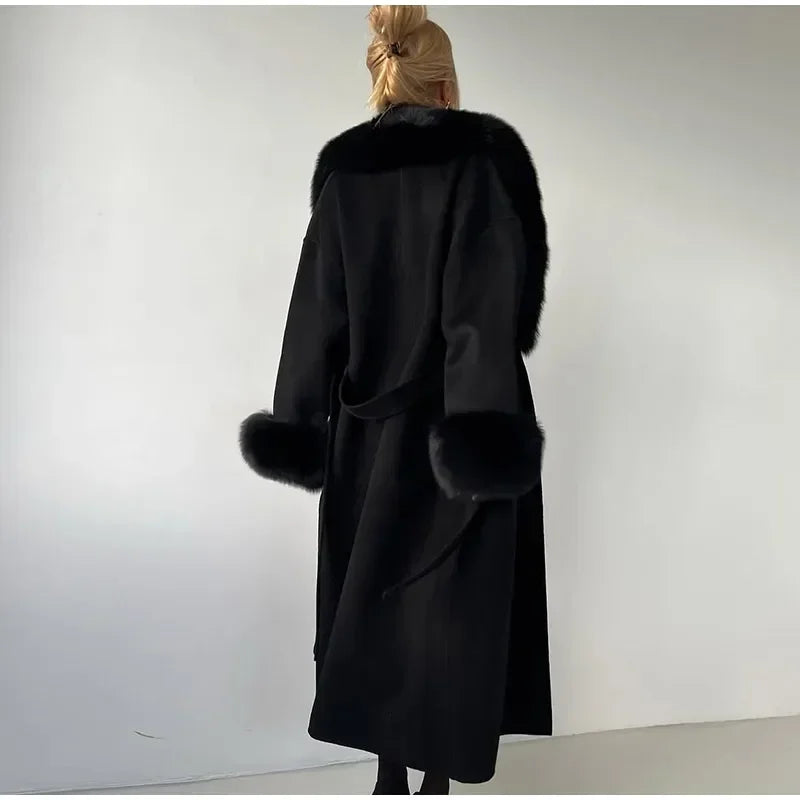 Retro Black Fur Patchwork Woolen Coat Women Chic Full Sleeve V-neck Lace Up Loose Long Overcoat 2025 Lady Winter Commute Outwear