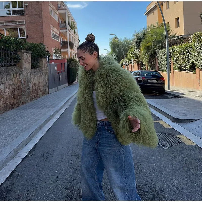 Fashion Solid Plush Faux Fur Coat Women Elegant Warm Long Sleeves Loose Jacket 2025 Lady Winter Chic High Street Outerwear ﻿