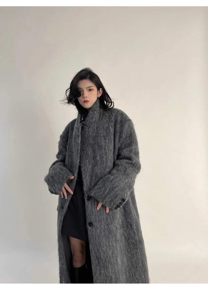 Lautaro Autumn Winter Clothes Women Oversized Extra Long Casual Warm Grey Wool & Blends Coat Women Maxi Fluffy Woolen Overcoat