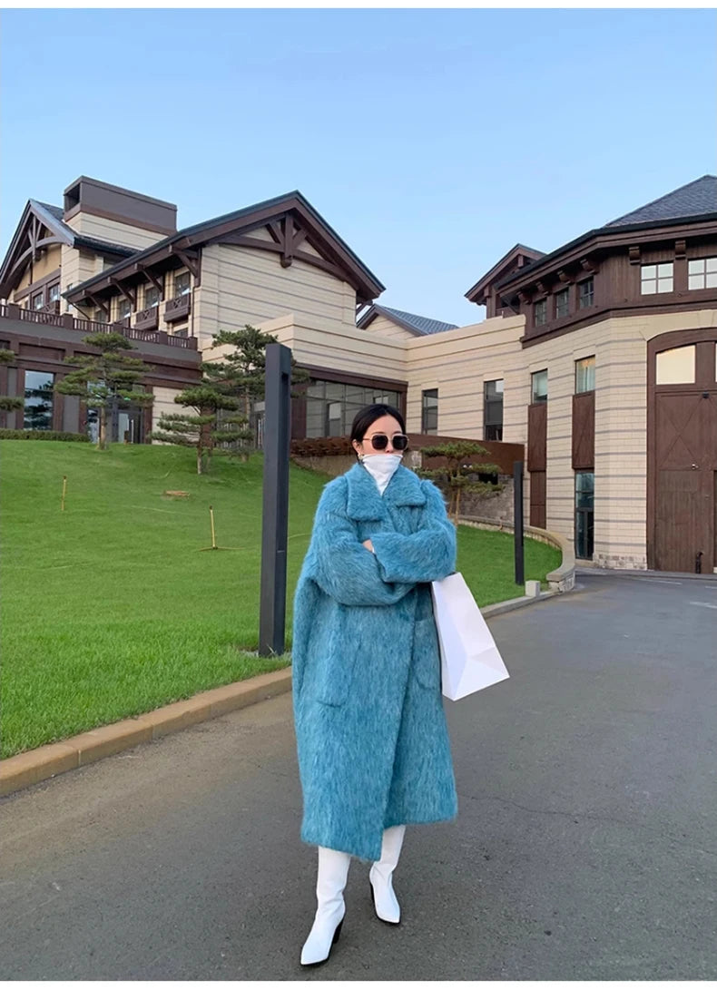 Lautaro Winter Long Blue Fluffy Oversized Warm Wool & blends Coat for Women Single Button Pockets Luxury Clothes Woolen Overcoat