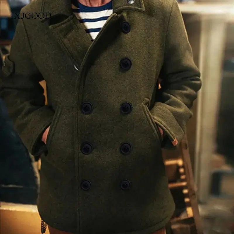 Men's Pure Color Woolen Coat with Buttoned Collar ort Sve V-Ne Outerwear for Young Men in Autumn Season