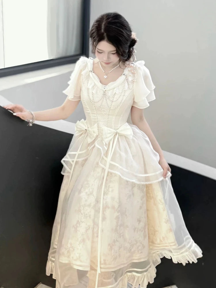 Forest Style Sweet Vintage Bow Design Dress Women Slim Fit A-Line Long Dress French Elegant Fairy Princess Prom Clothing 2025
