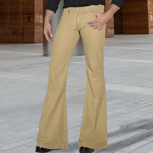 Fashion Men's Retro Flare Pants Solid Color Mid-Rise Trousers Casual Classic 70s Men Bell Bottom Zipper Fly Long Trousers