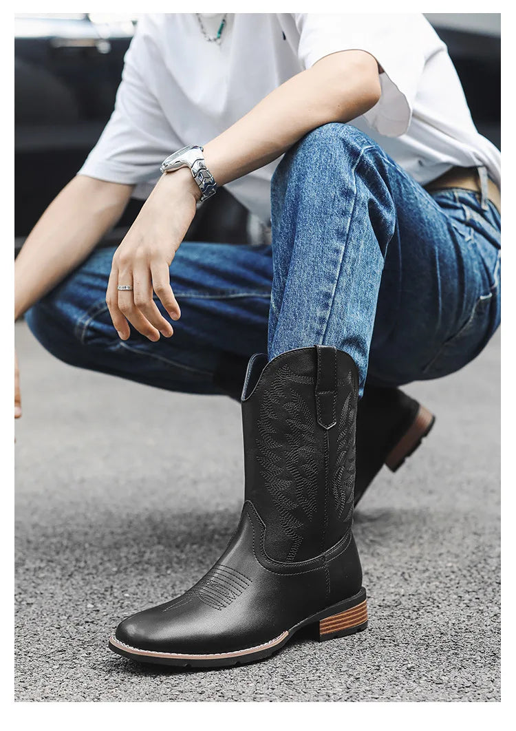 Vintage Embroidery Men's Cowboy Boots High Top Motorcycle Boots Men Shoes Fashion Square Toe Warm Boots