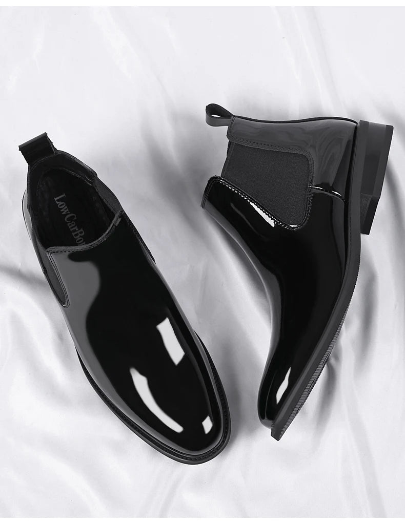 Height Increase Men's Shiny Leather Boots Pointed Formal Elevator Shoes Office Business Snow Boots Chelsea Winter Cotton Boots