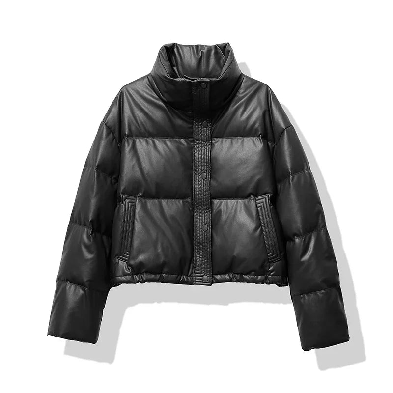 HELIAR Women Thickened Mock Neck Cotton-padded Jacket Single Breasted Pocket Casual Down Coat Winter Warm Loose Short Coat Fall