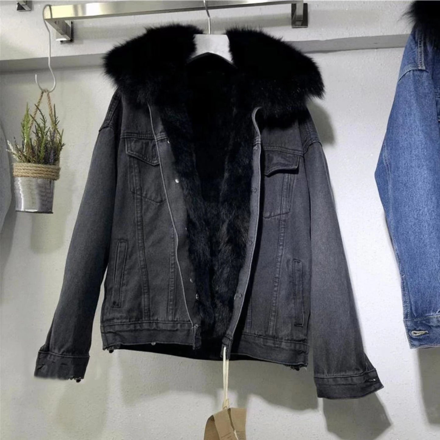 Winter Denim Jacket Hooded Coat Women Removable Fur Collar Fleece Lined Jeans Jacket Warm
