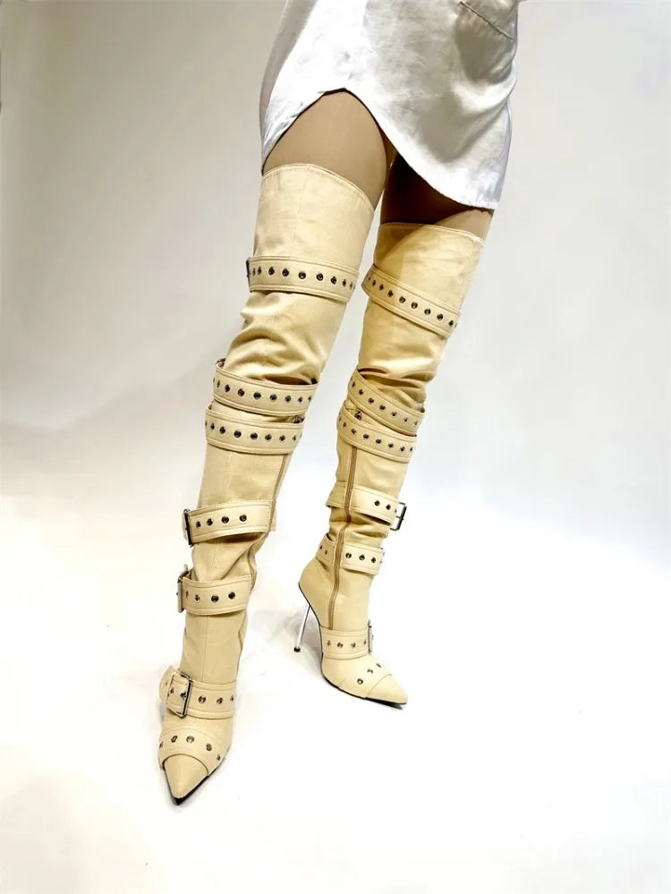 Blue Denim Metal Rivet Buckle Silvery Over Knee Boots Women Sexy Punk Style Silver Belt Buckle 12cm High Heel Sandals Size 34-43
