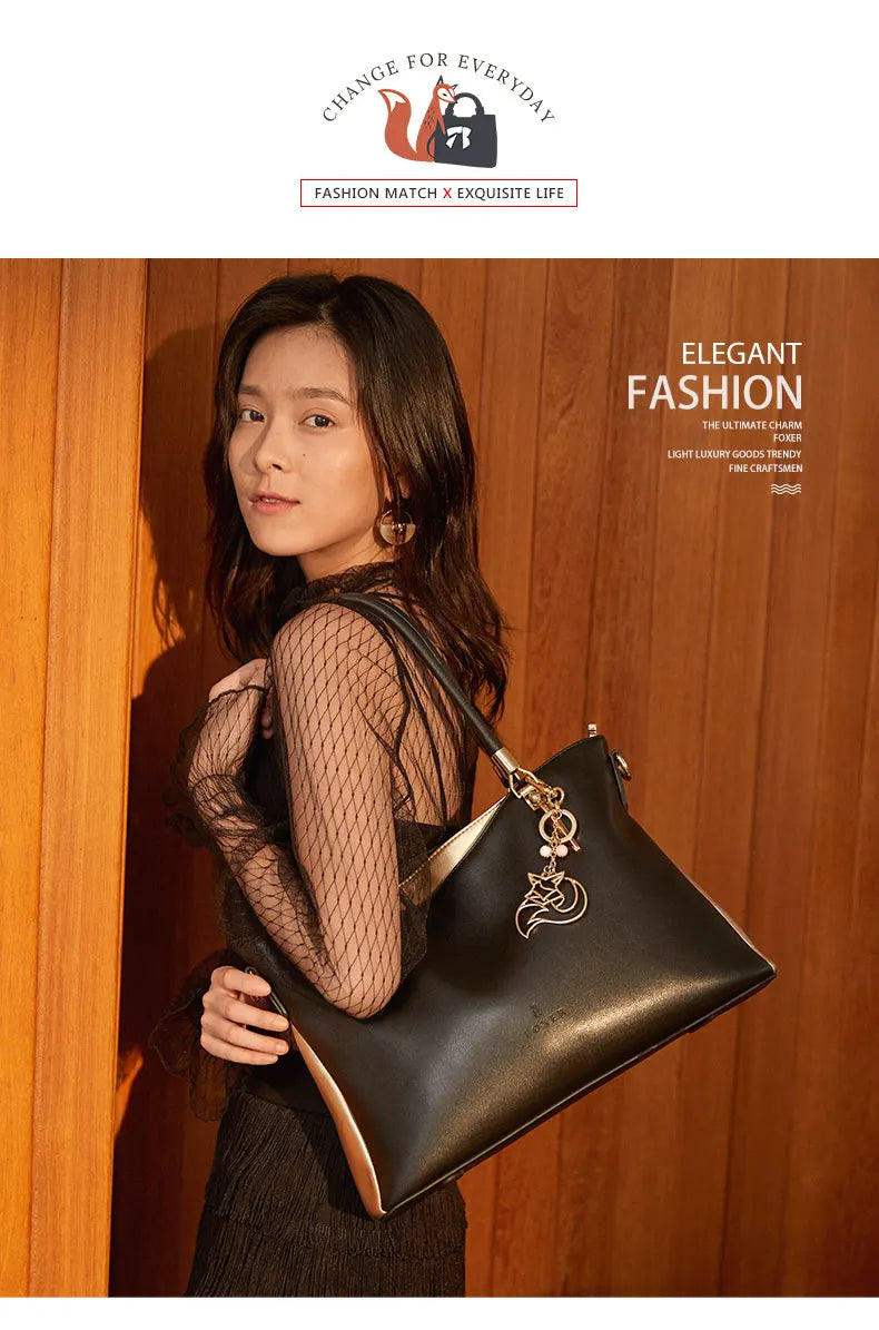 FOXER Elegant Women Shoulder Tote Bag Cowhide Fashion Luxury Design Female Handbag Purse Festival Gift for Wife,Mom
